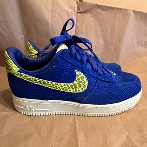 Nike Blue Air Force 1’s corduroy Sneakers with Neon Yellow Snake Skin Accents